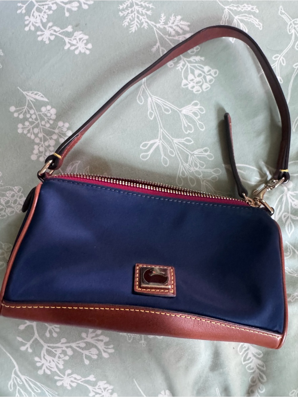 Dooney & Bourke Navy and Brown Leather-Trim Wristlet with Pink Zip